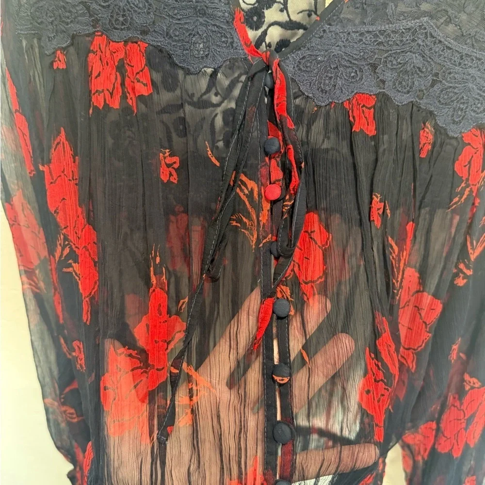 Free People Navy and Red Floral Sheer Blouse
